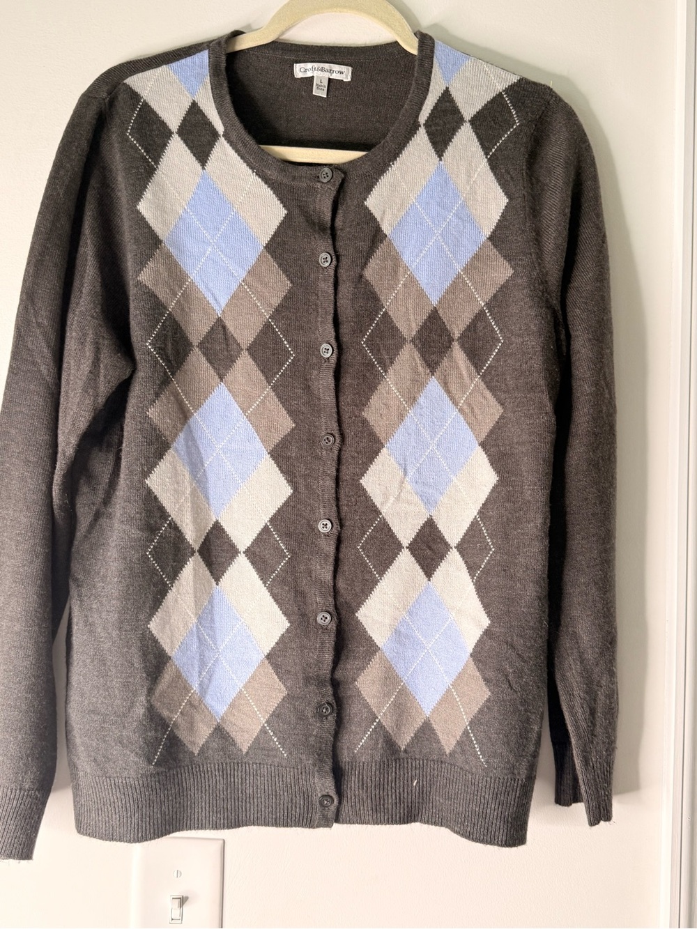 croft & barrow Charcoal Argyle Button-Up Cardigan with Blue & White Diamonds